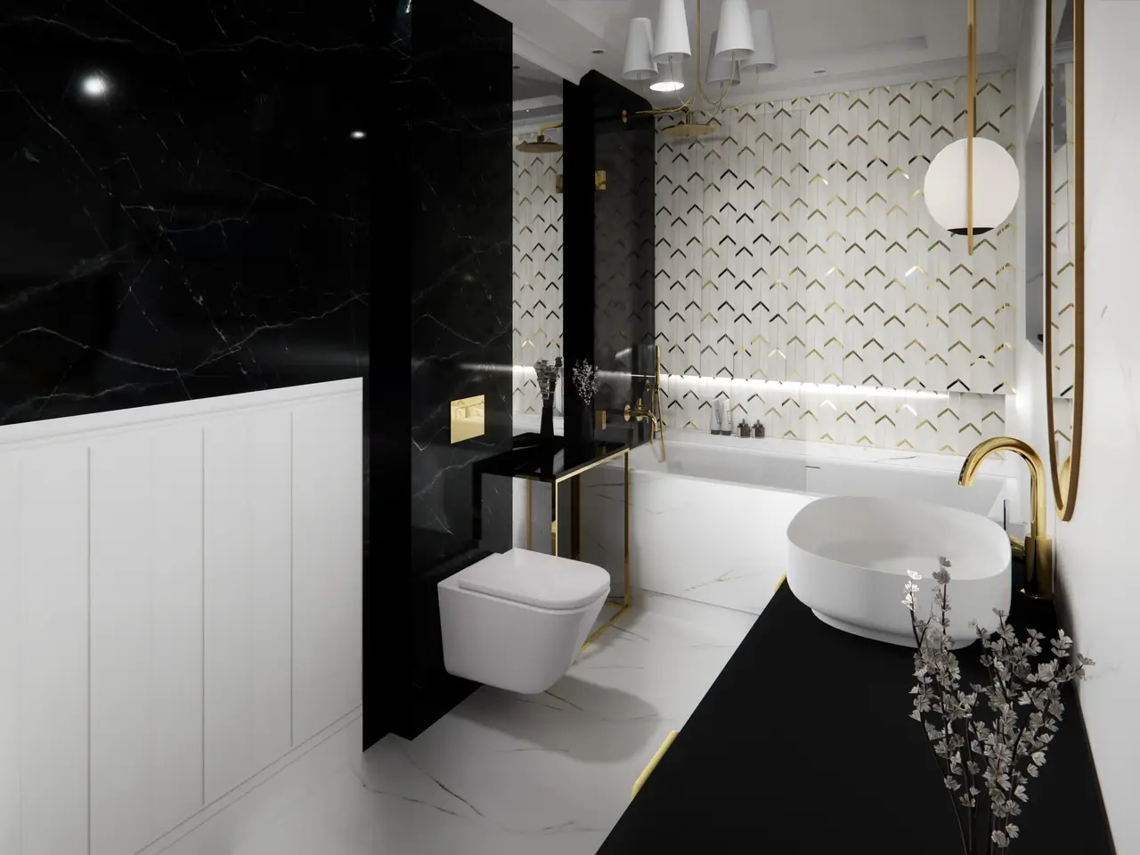 czarna biała łazienka, glamour, dodatki złotego 